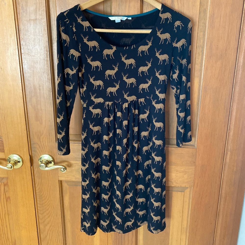 Boden Black Midi Dress with Tan Deer Print